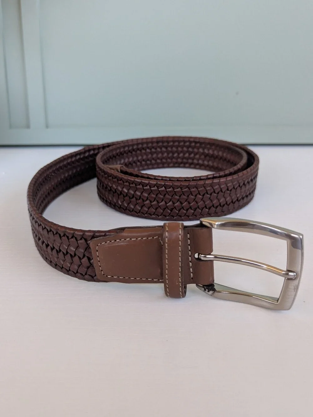 Men's Woven Brown Leather Belt with Polished Silver Buckle